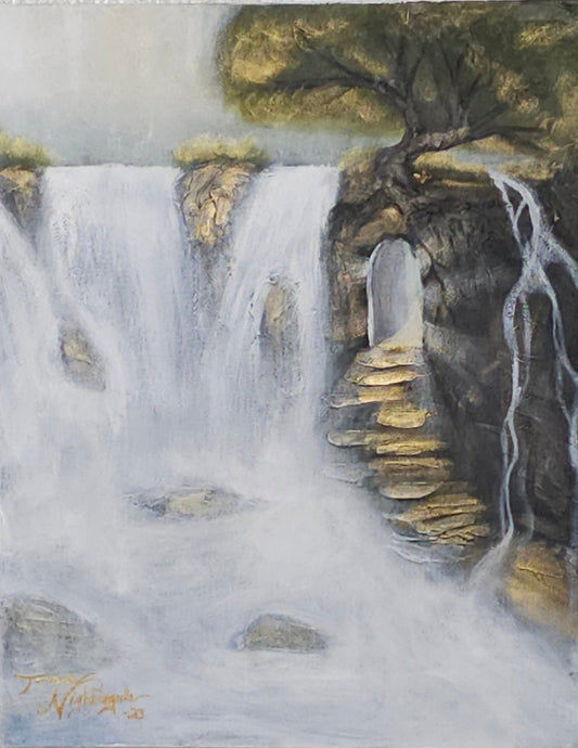 Abstract painting of a landscape with rocky terrain and flowing water on a textured gray background