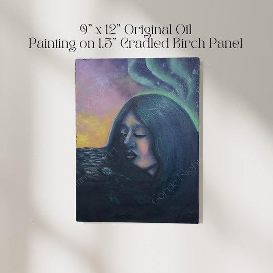 painting of a pastel skinned  being a woman in the ocean. Waves become her hair, there i a vibrant sky and a sea turtle.