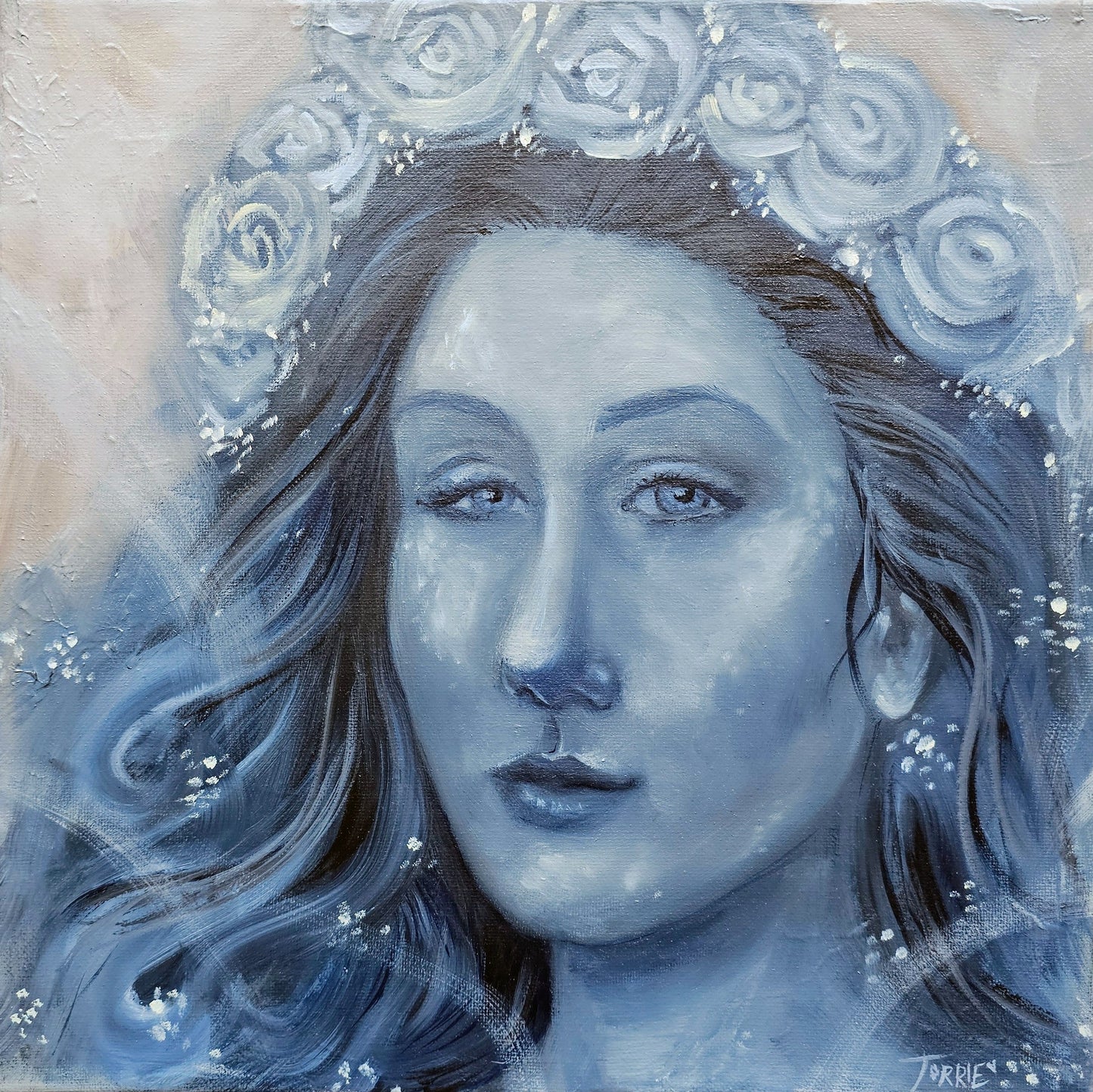 Artistic depiction of a woman's face with a floral headband, using blue and gray tones.