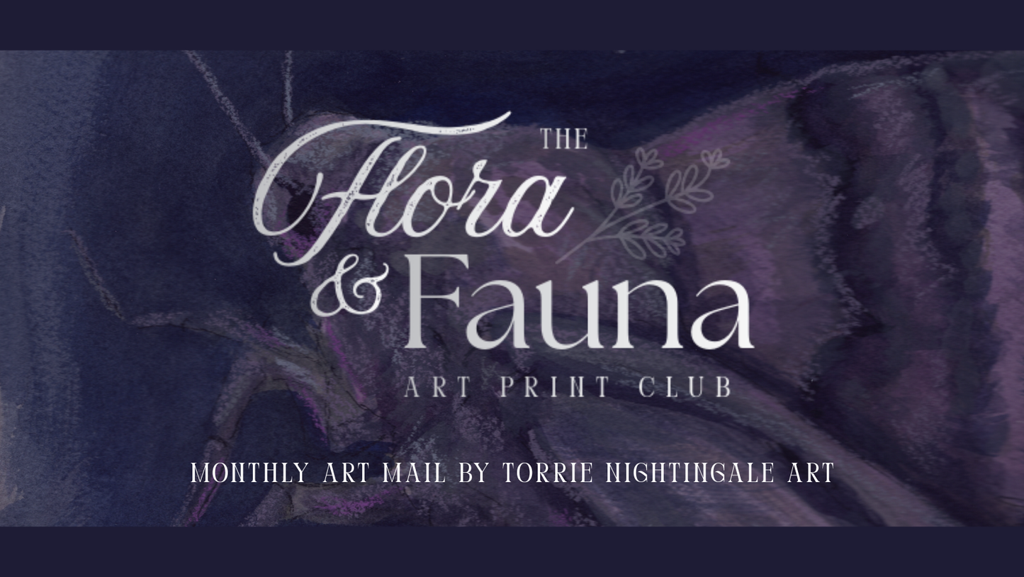 Advertisement for 'The Flora & Fauna Art Print Club' with floral design elements.