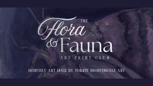 Advertisement for 'The Flora & Fauna Art Print Club' with floral design elements.