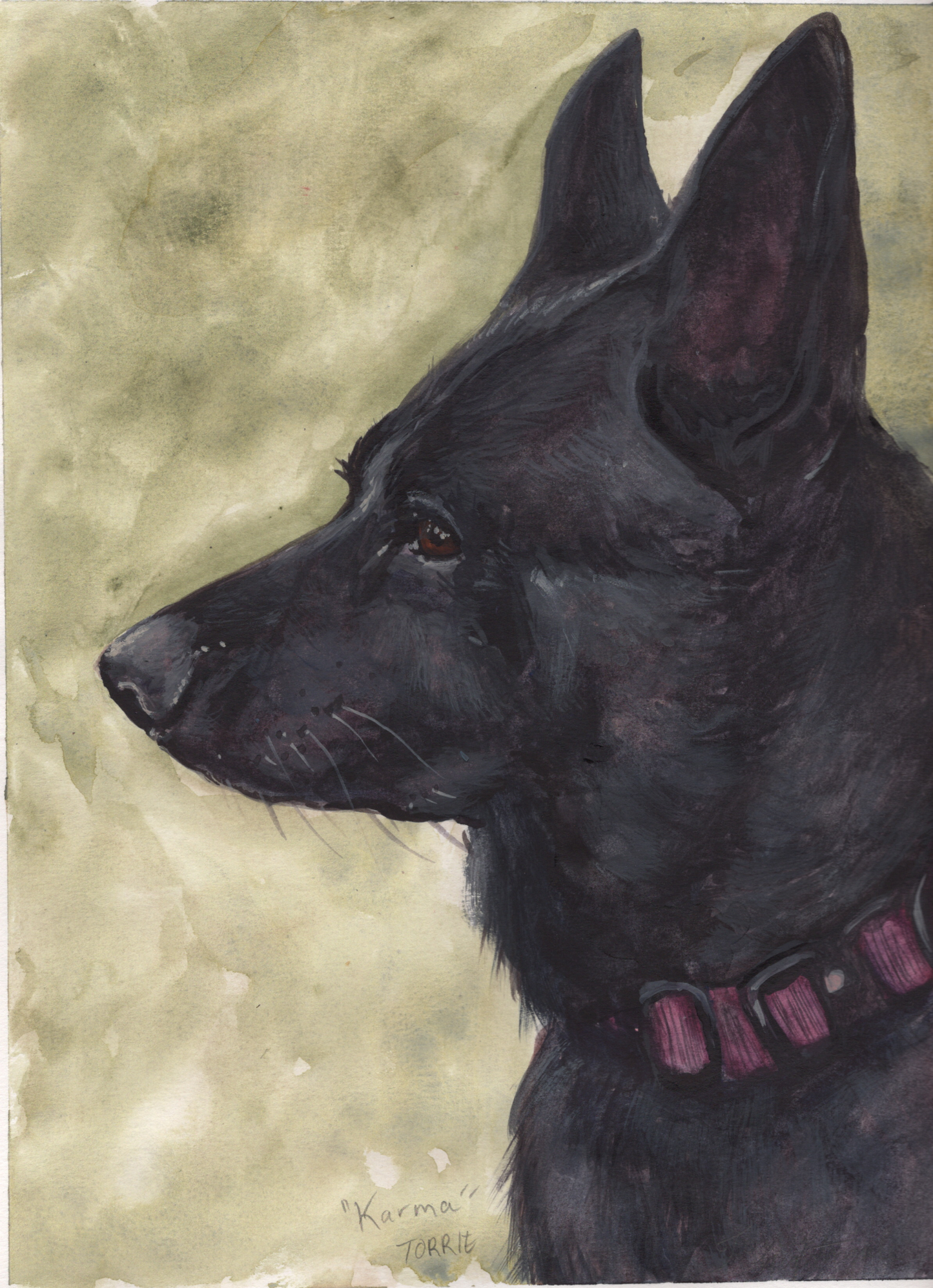 Artistic depiction of a black dog with a pink collar on a textured beige background