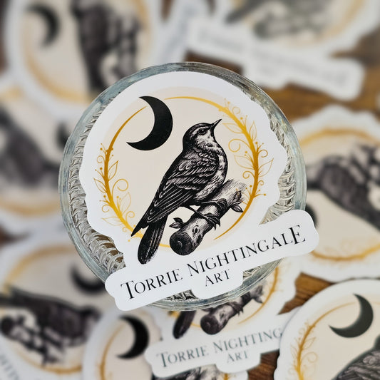 sticker of torrie nightingale art logo image is a nightingale and a moon in black ink.