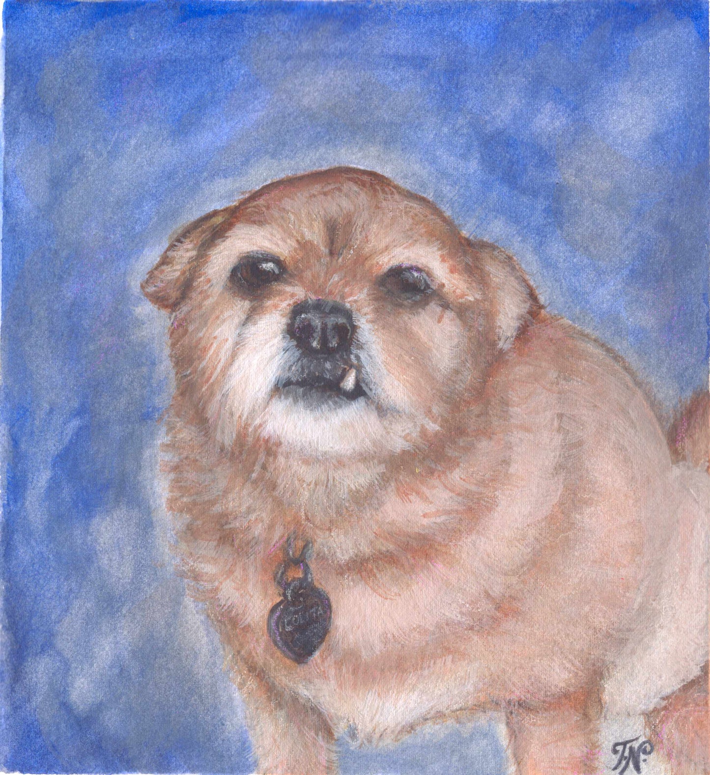 Artistic depiction of a dog with a blue watercolor background