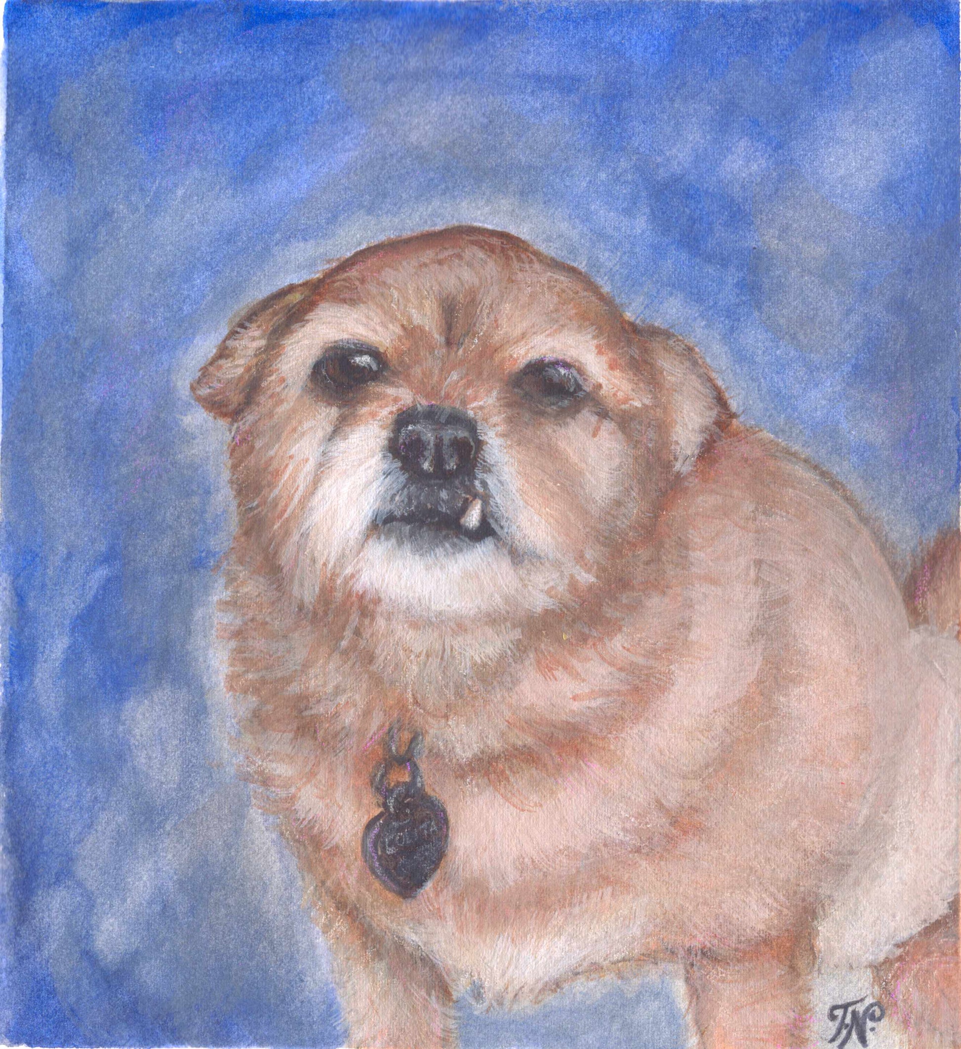 Artistic depiction of a dog with a blue watercolor background