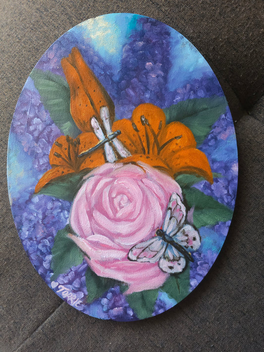 Decorative painting with floral design and butterflies on a dark surface